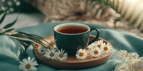 Fototapeta premium Flavorful chamomile tea adorned with fresh flowers, perfect for relaxation and soothing moments.