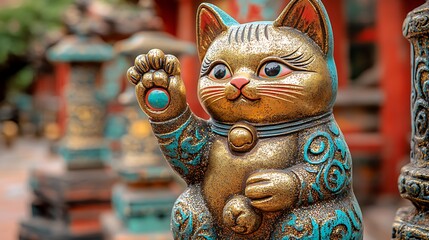 A golden Maneki-neko, or "beckoning cat," figurine with a blue paw raised, a traditional Japanese lucky charm.