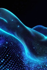Abstract Digital Waves in Blue and Cyan Colors with Dotted Patterns Representing Data Flow and High-Tech Visualization on a Dark Background