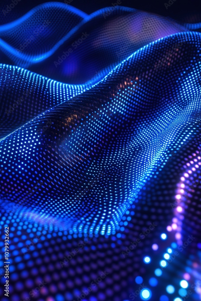 Poster abstract digital waves with blue lights and dots creating a futuristic vibe, designed for background