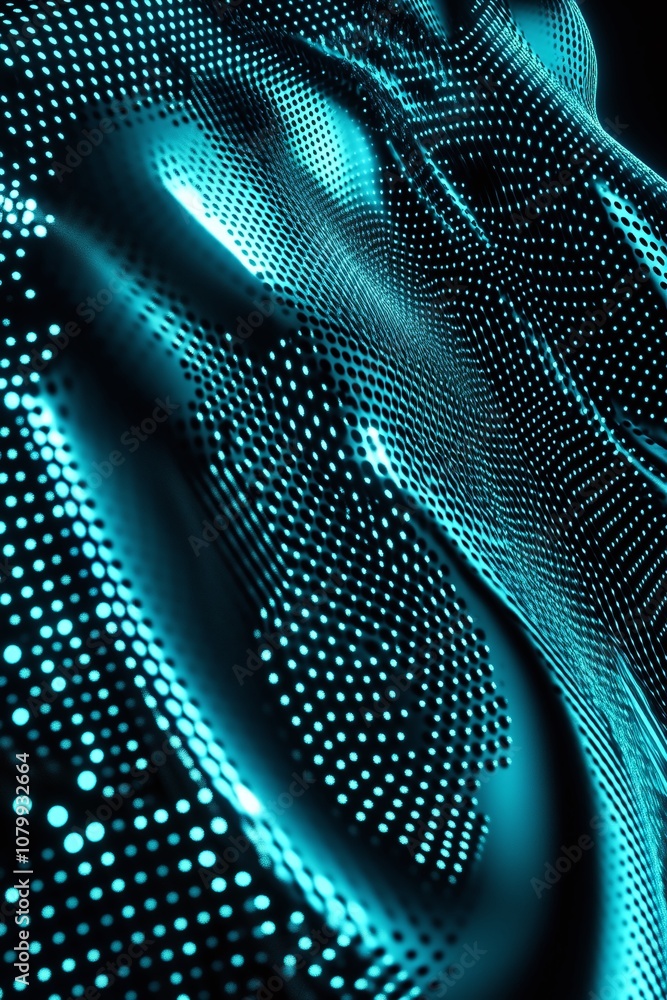 Poster abstract digital waves with bright blue dots creating a fluid texture in a geometric pattern for hig
