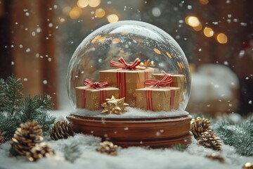 snow globe with gift boxes inside. ai generated