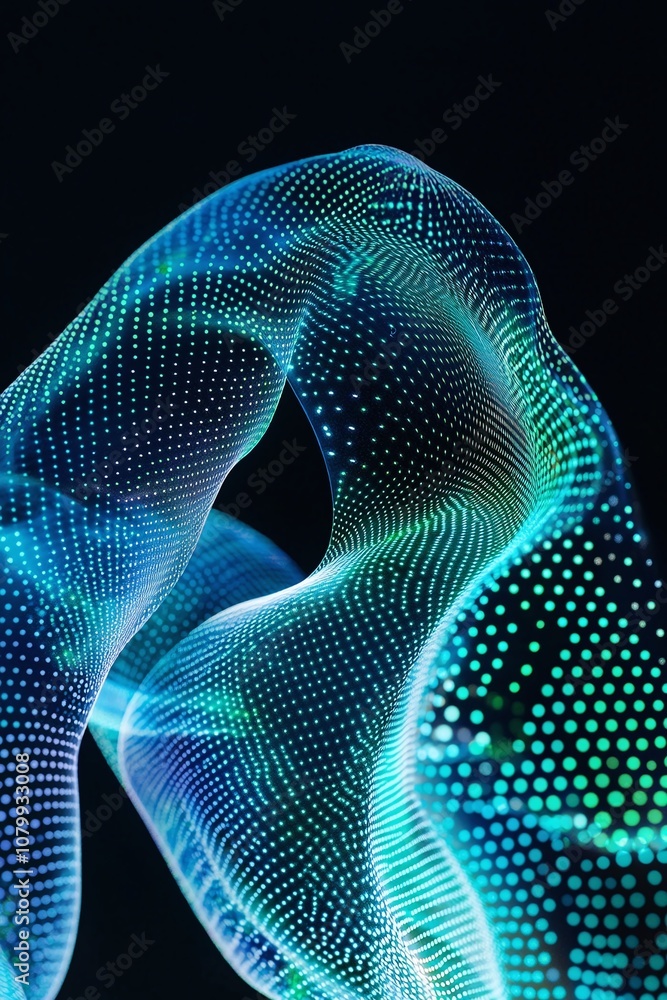 Poster abstract digital waves with vibrant colors and luminous dots creating fluid motion against a dark ba