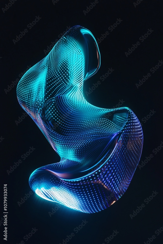 Poster abstract dynamic shape with flowing light patterns in blue and teal on black background representing