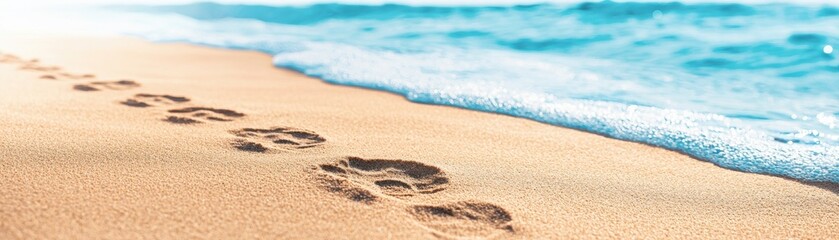sadness emotion healing concept. Footprints on sandy beach with ocean waves, peaceful coastal scene.