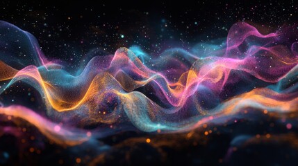 An energetic digital wallpaper with neon-colored particle waves forming abstract shapes and patterns against a black background