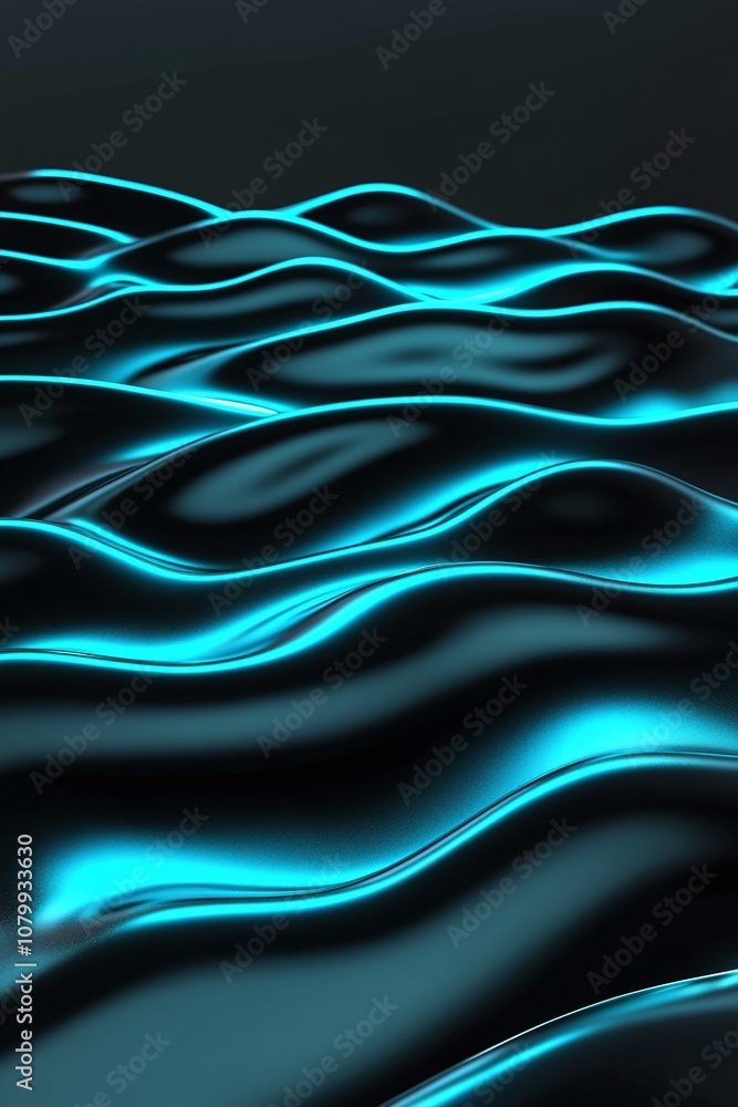 Poster abstract flowing waves in deep turquoise light, capturing fluid motion and reflection for modern des