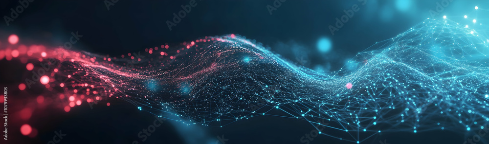 Poster dynamic digital data tunnel with flowing information and glowing connections -