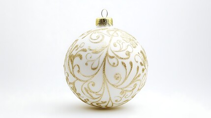 A white Christmas ornament. Gold designs of swirls and leaves.