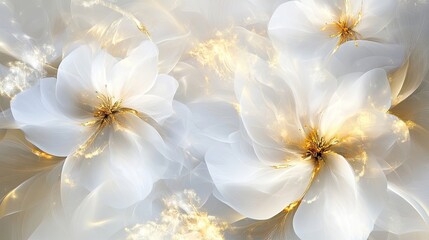 Elegant abstract background with white and gold flowers, creating a harmonious blend. Perfect for design projects needing an elegant flower touch. Ideal for various applications with ample copy space.