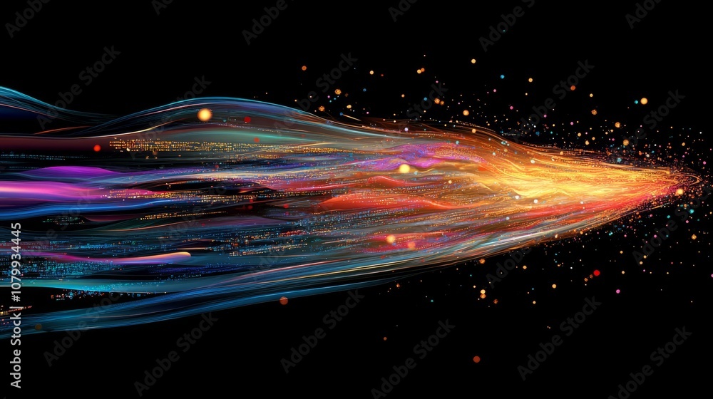 Aufkleber an intricate visualization of glowing data trails and explosive elements, embodying the concept of h