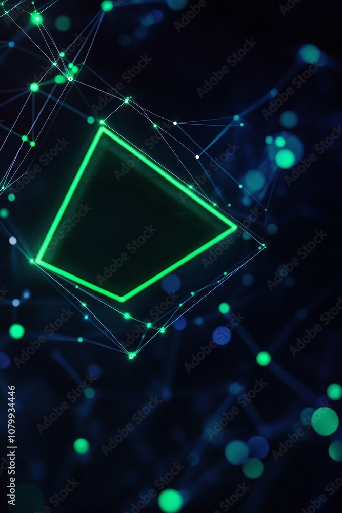 Poster abstract futuristic background featuring glowing green geometric shapes connected by a network of lu