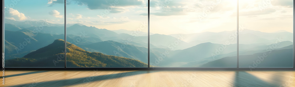 Poster empty room with large window and scenic mountain view in sunlight -