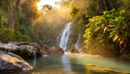 Tropical Waterfall Cascading Over Jagged Rocks Into a Crystal Clear Pool, Surrounded by Lush Green Jungle Foliage and Mist Rising Into the Warm Humid Air