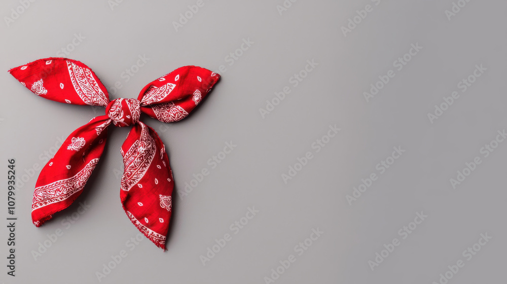 Poster vibrant red bandana with white patterns tied in bow, perfect for adding pop of color to any outfit o