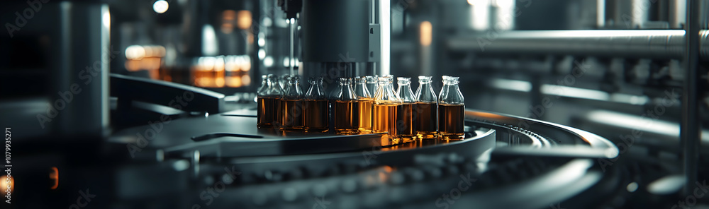 Poster factory bottling alcoholic beverages on an automated production line -