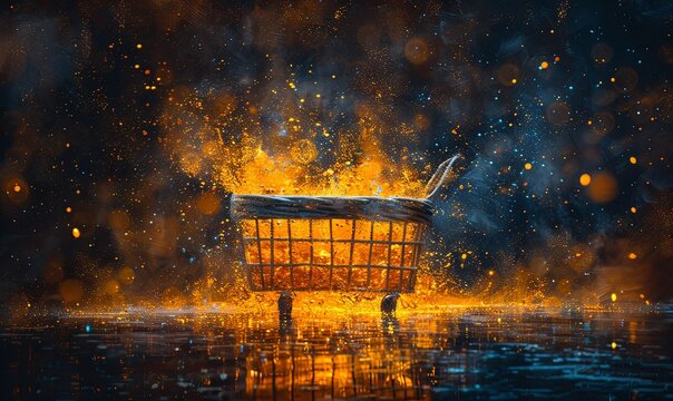 A vibrant orange sale basket illuminates against a striking black backdrop, highlighting enticing discounts and promotions, inviting customers to explore offers