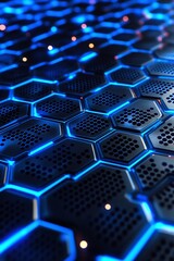 Abstract futuristic hexagonal pattern with glowing blue lights on a dark background, perfect for technology, science, and digital art themes in modern design projects