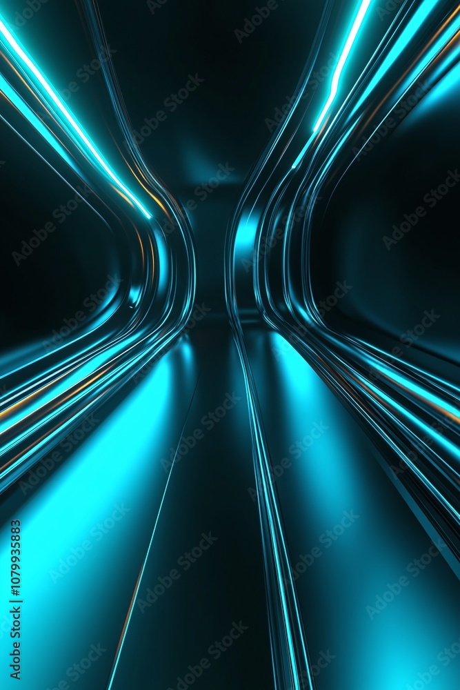 Poster abstract futuristic tunnel with glowing blue lines and smooth curves creating a sense of speed and m