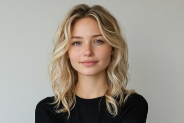 Fototapeta premium A portrait of a young woman with wavy blonde hair, smiling softly against a neutral background.