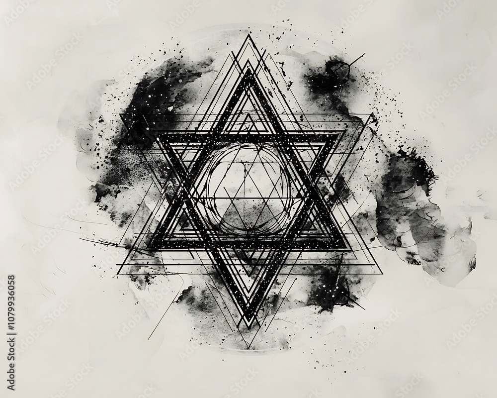 Poster sacred geometry tattoo design with interlocking shapes and symbolic patterns