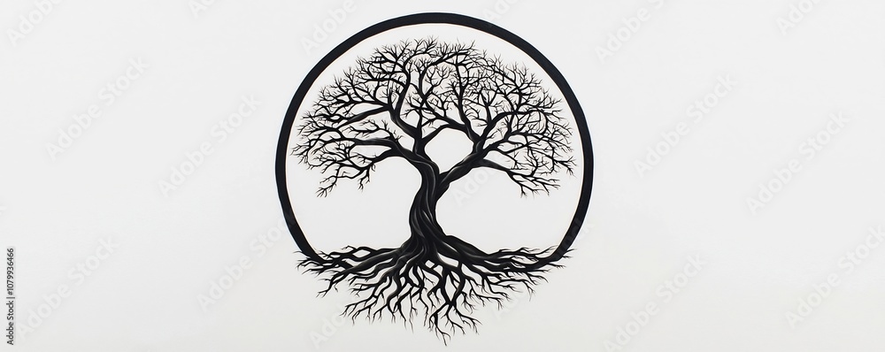 Poster abstract tree of life tattoo design with twisted roots and branches forming a circle on white backgr