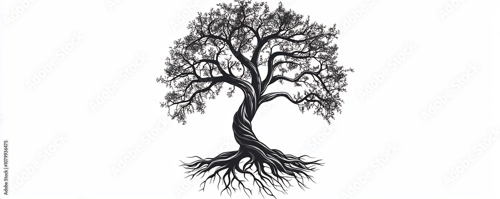 Poster abstract tree of life tattoo with twisted roots and branches forming a circular motif on white backg