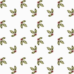 Holly leaves and berries pattern on a white background for festive design and decor
