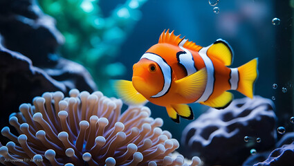 Vibrant AI-generated bokeh effect photography of a bright orange clown fish with three white stripes and yellow fins swimming around a delicate, wavy-tentacled anemone amidst a soft, dreamy blur of bl