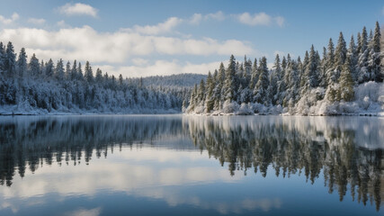 A still lake mirrors a dense forest covered in snow, with towering evergreen trees dusted in white, The winter scene is serene and calm.