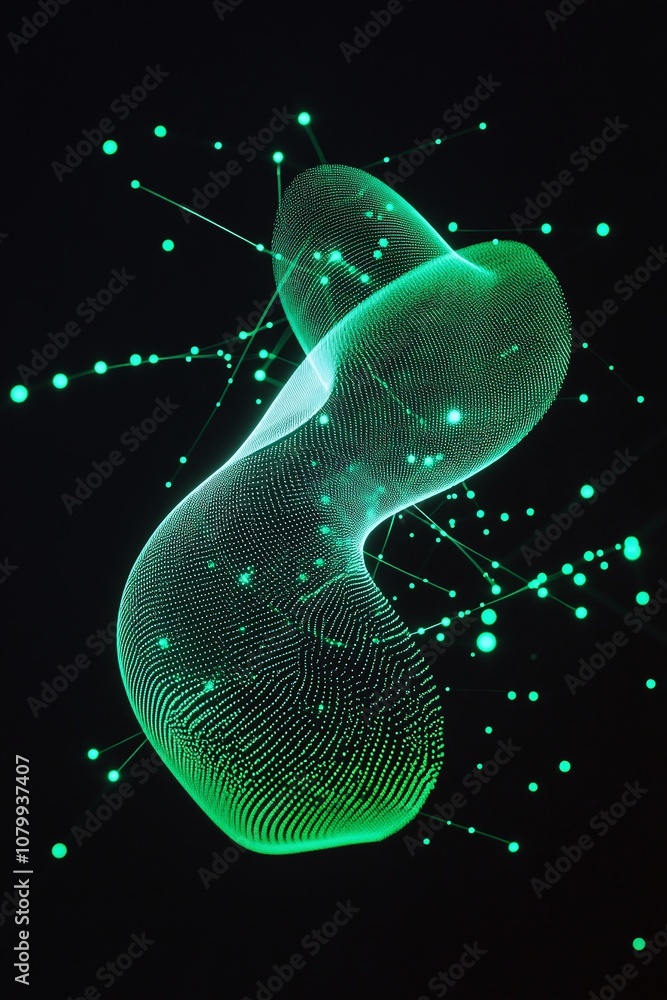 Poster abstract glowing green shapes with fine lines and floating spheres, creating a dynamic visual of tec