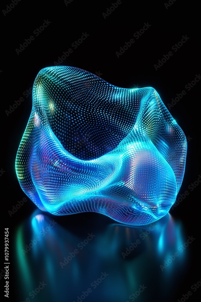 Poster abstract glowing shape with intricate patterns and vibrant blue hues, creating a mesmerizing visual 