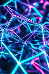 Abstract glowing network of interconnected lines and shapes in vibrant blue and pink colors with a sense of depth and modern digital aesthetic for technology backgrounds