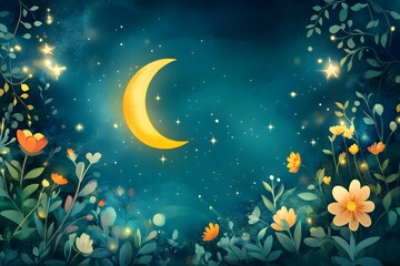 Fototapeta premium Serene Crescent Moon and Starry Night Illustration