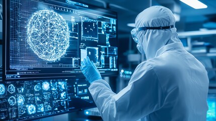 global, transformation, biotechnology, advancement A scientist in protective gear interacts with advanced technology, analyzing digital data on a futuristic interface in a high-tech lab.