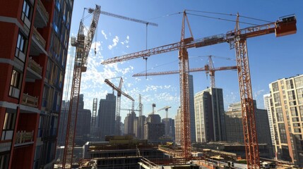 Fototapeta premium A city skyline with a large crane in the middle