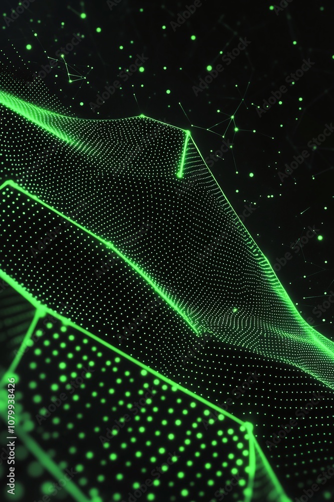 Poster abstract green digital landscape with geometric patterns and dots showcasing a futuristic technology