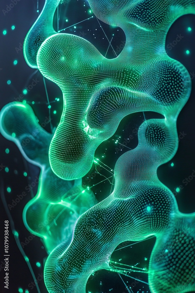 Poster abstract green digital structure with glowing dots and interconnected lines representing futuristic 