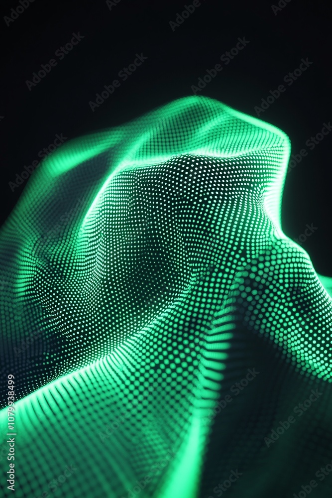Poster abstract green digital wave form with dots, highlighting depth and texture, representing technology,