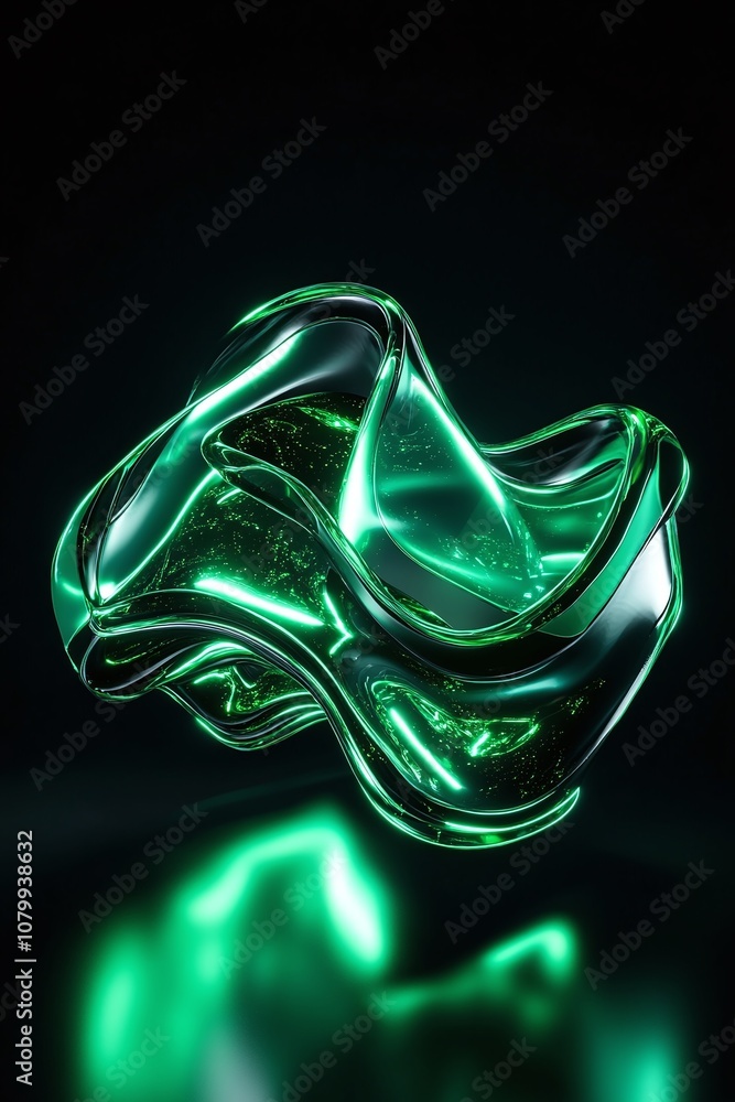 Poster abstract green fluid shape with glossy texture, illuminated against dark background, showcasing intr