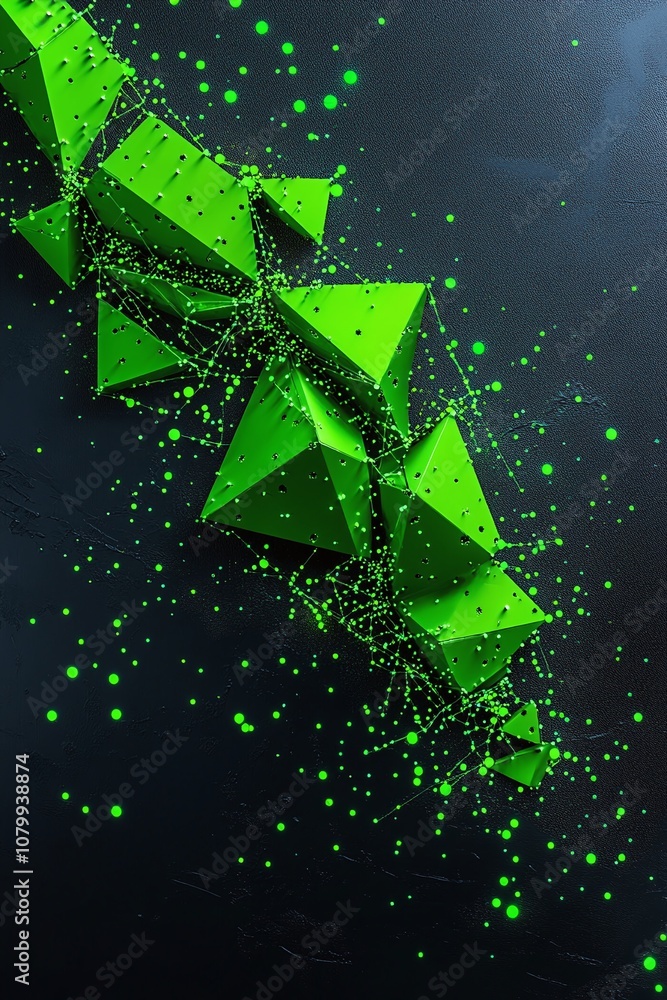 Poster abstract green geometric shapes with 3d effect and colorful dots on dark background, perfect for mod