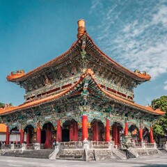 Obraz premium The Historical Longshan Temple in Taipei, Taiwan, Known for Its Ornate Architecture, Intricate Carvings, and Religious Significance, Representing a Blend of Buddhist, Taoist, and Confucian Traditions