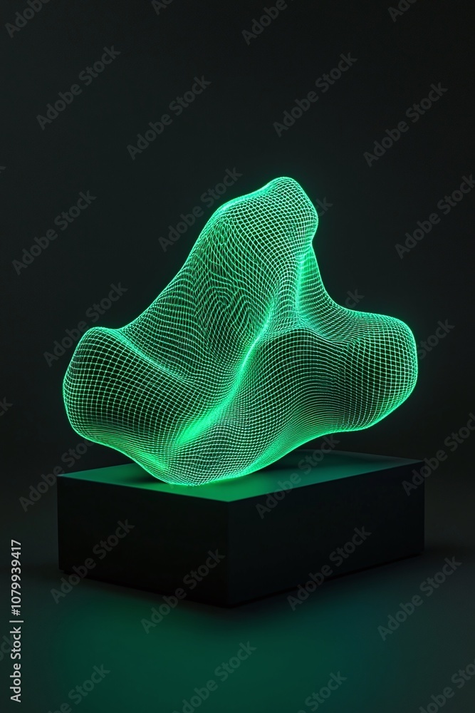 Poster abstract green mesh sculpture displayed on a dark background with soft lighting, emphasizing the int
