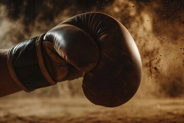 A close-up of a leather boxing glove striking with force during a training session in a dimly lit gym