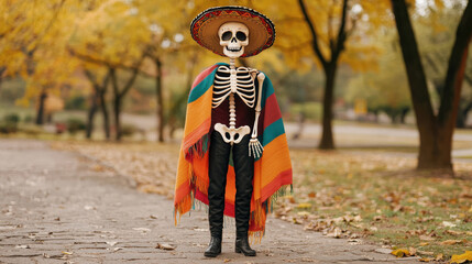 skeleton character dressed in colorful poncho and sombrero stands in park surrounded by autumn trees. vibrant colors contrast with fall scenery, creating festive atmosphere