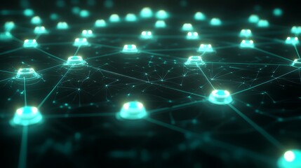 A 3D illustration of a cryptocurrency network, with interconnected nodes glowing brightly, blokchain