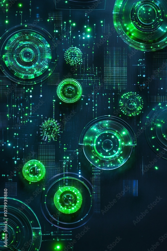 Poster abstract green technology background with circles and data elements representing digital innovation 