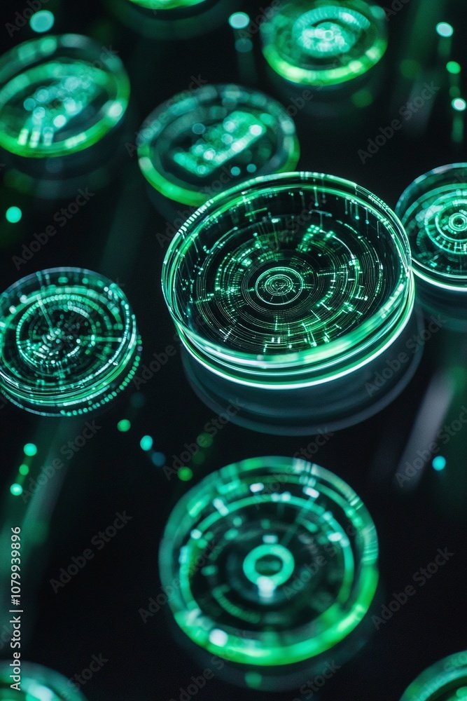 Poster abstract green tech background with circular glow effects and data patterns representing digital inn