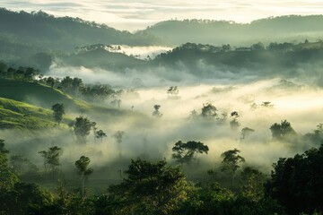 Misty sunrise over rolling green hills.