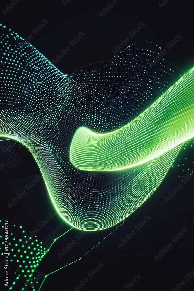 Poster abstract green wave of light and particles, digital flow and dynamic shape, motion design visualizat